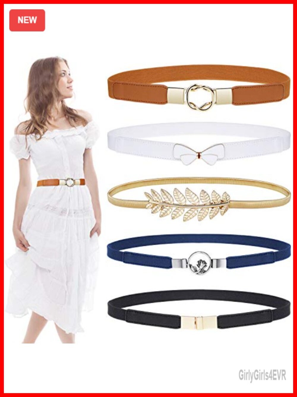 EAONE 5 Pack Skinny Belts Women Elastic PU Leather Stretch Waist Belt for